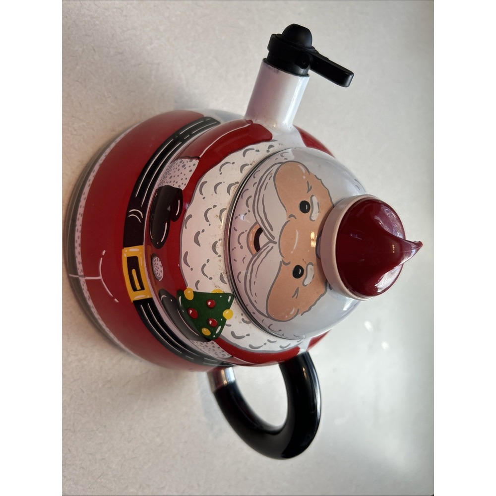 ROSHKO PORCELAIN Enamel on Steel Santa StoveTop Whistle Kettle Pot 3QT Christmas
